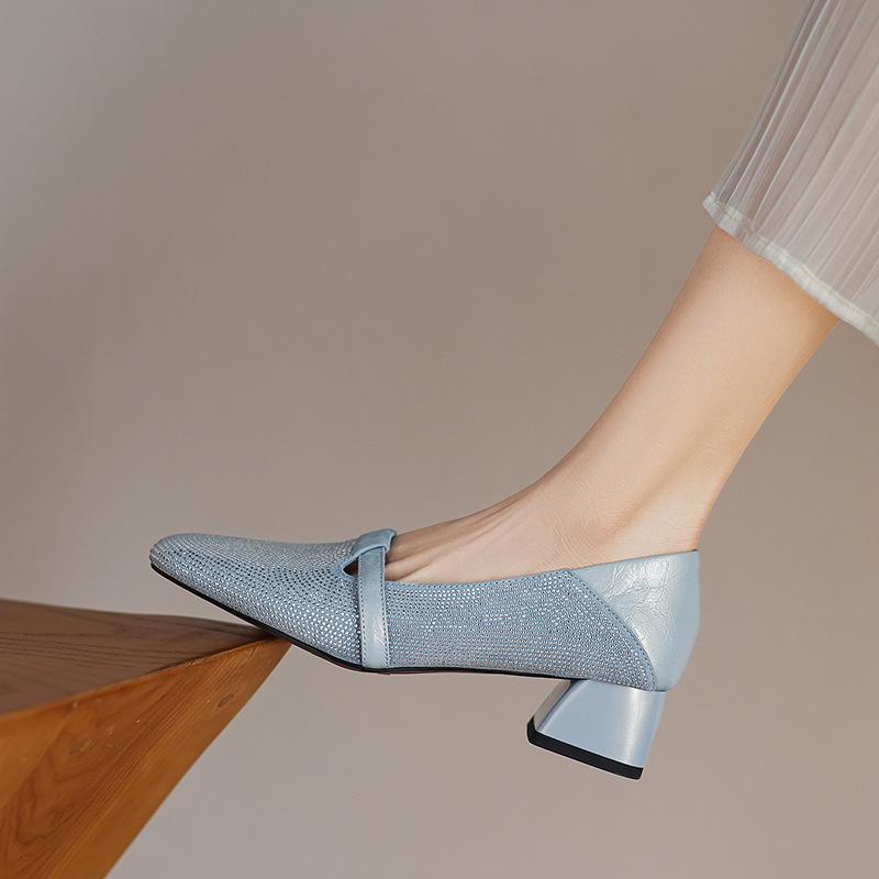 パンプス レディース フレンチスタイル 切り替え バイカラー 羊革スエード 本革 ミドルヒール チャンキーヒール スクエアトゥ スリッポン パンチング 通気性 ...