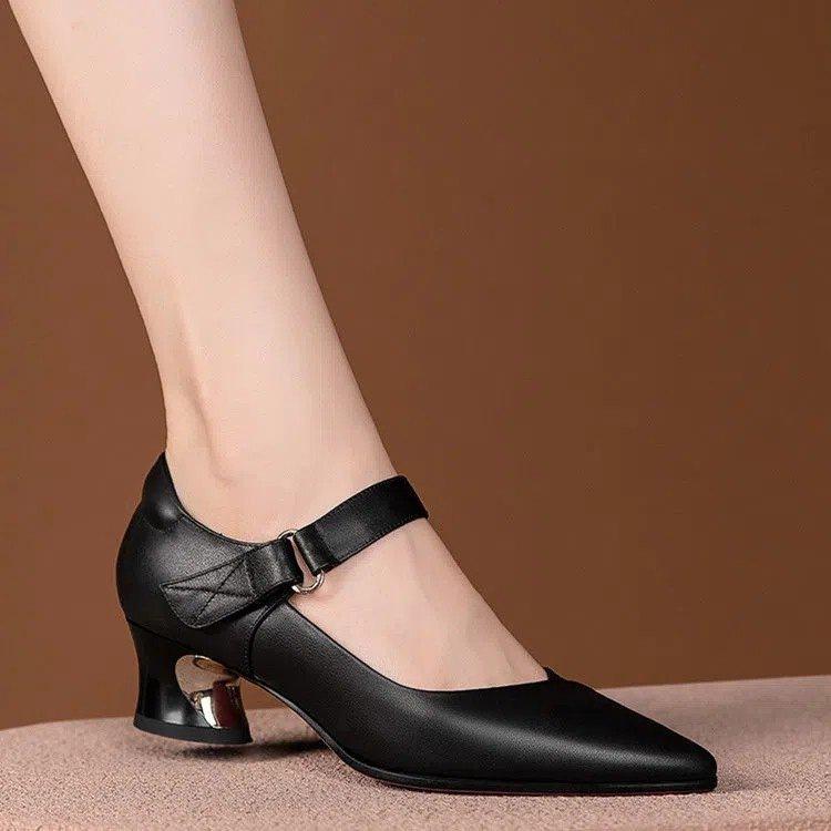 パンプス レディース チャンキーヒール ソフトレザー ミドルヒール 春夏 ポインテッドトゥ シンプル マジックテープ 浅め履き口 PUレザー 通気性 オフィス ...