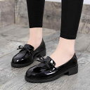 パンプス ローファー レディース 黒 ブラック 浅口 ラウンドトゥ エナメル調 光沢 合成皮革 フラット ぺたんこ ローヒール スリッポン 楽ちん 通気性 通勤...