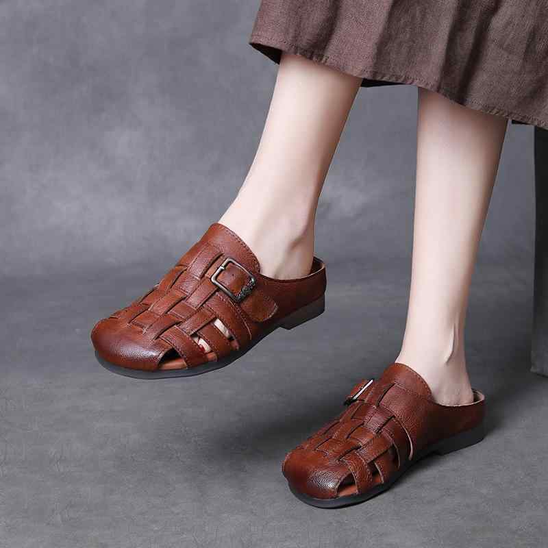 ミュール レディース 本革 牛革 レトロ クローズトゥ 外履き スリッポン フラットソール 快適 履き心地良い 通気性 普段使い デイリー カジュアル メタルパーツ 春夏 ブラウン イエロー ラバーソール