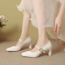 パンプス レディース スクエアトゥ 太ヒール ワンストラップ メリージェーン 高めヒール おしゃれ 万能 合成皮革 ミドルカット 無地 ブラック ホワイト ピン...