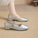 メリージェーンシューズ レディース パンプス レトロ スクエアトゥ 浅履き オフィス 通勤 フレンチスタイル シルバー エレガント ローヒール 太ヒール ワンス...