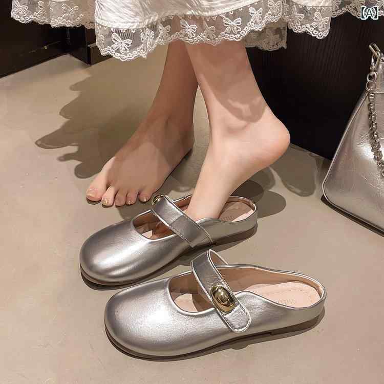 ミュール レディース フレンチ 上品 フラット クローズドトゥ メリージェーン 春夏 外履き 普段使い 合成皮革 ラバーソール シルバー シャンパン アイボリー