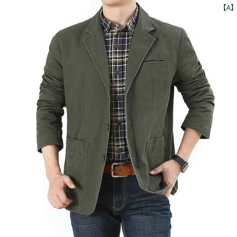 ジャケット メンズ 春夏 レトロ ビジネス カジュアル 男性用 無地 ゆったり リラックスフィット オフィス フォーマル 通勤 普段使い コットン ウォッシャブル 長袖 ブラック カーキ