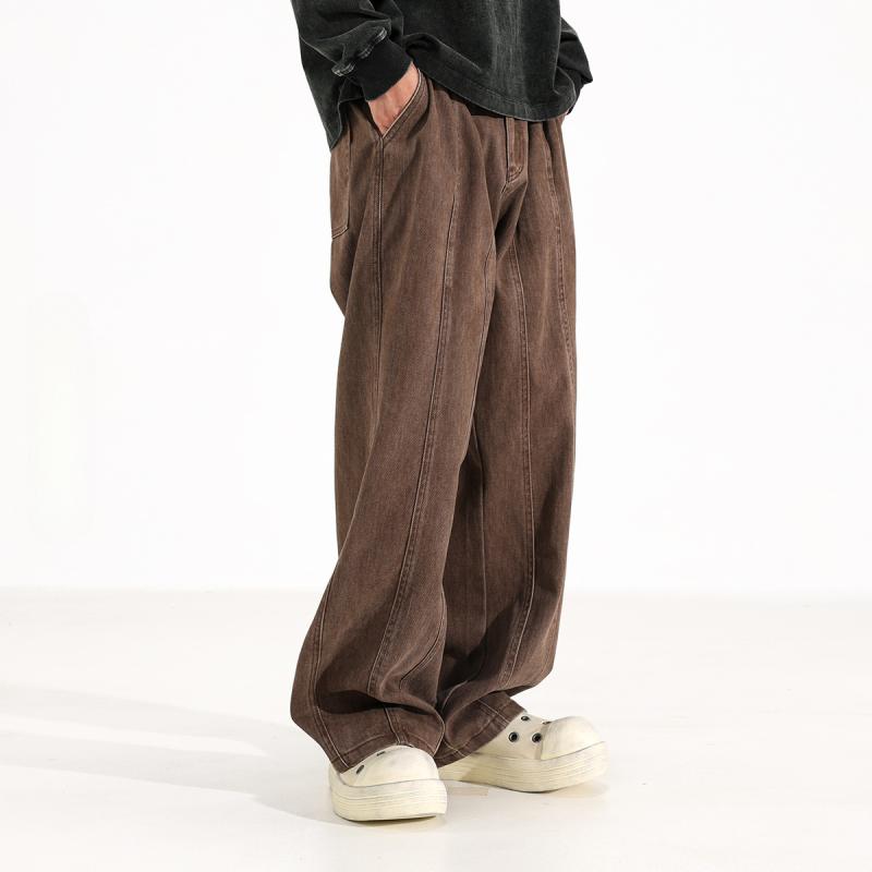 デニムパンツ メンズ ミラード コーヒーブラウン ストレート ルーズ ワイド ヘビーウェイト ウォッシュ..