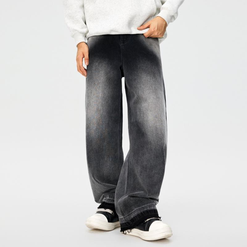 デニムパンツ メンズ 男性用 ワイドレッグ ストレート ヘビーウェイト 厚手 ヴィンテージ加工 ユーズド加工 独特な風合い コットン ポリエステル カジュアル ロングパンツ ブラック 春 普段使い