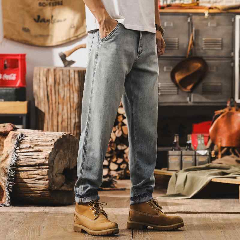 デニムパンツ メンズ 男性用 薄手 リヨセル 綿素材 ウォッシュ加工 ストレート ゆったり 5ポケット 微弾力 春夏 ブルー カジュアル 長ズボン