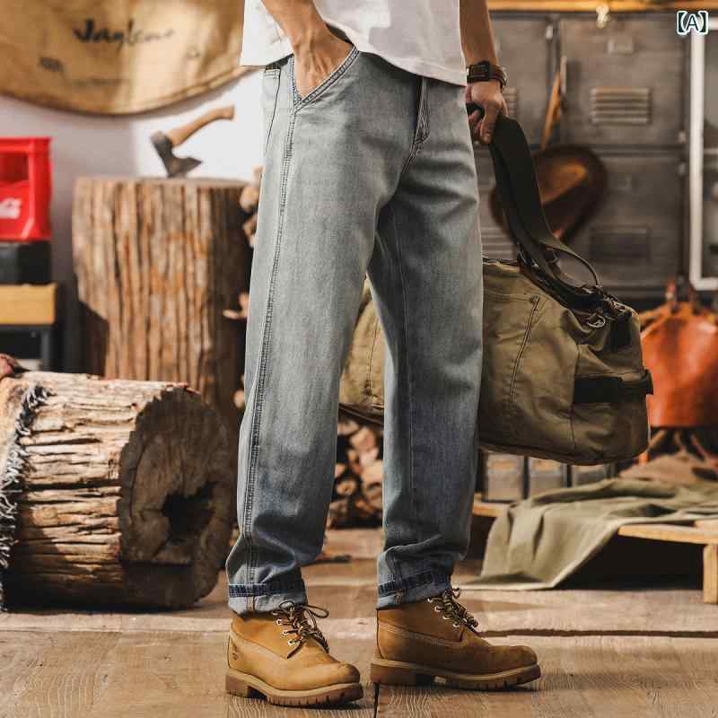 デニムパンツ メンズ 男性用 薄手 リヨセル 綿素材 ウォッシュ加工 ストレート ゆったり 5ポケット 微弾力 春夏 ブルー カジュアル 長ズボン