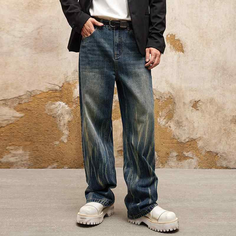 パンツ ジーンズ メンズ 男性用 ストリートファッション カジュアル ルーズフィット ワイドシルエット アメリカンスタイル 稲妻柄 ブルー タイダイ染め ドレープ感 落ち感 綿 コットン 再生繊維 春秋