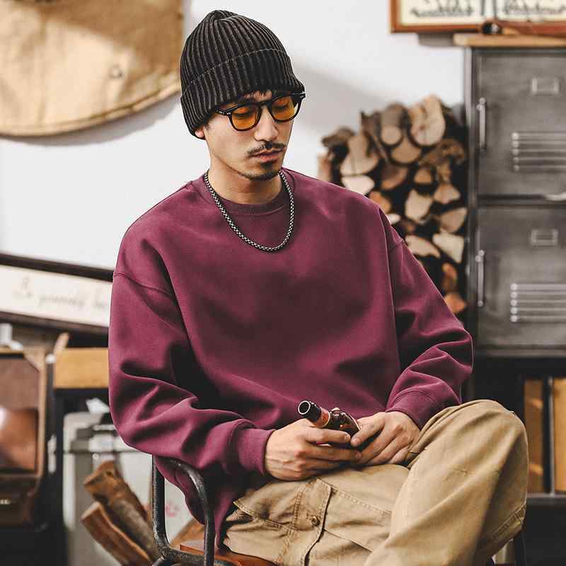 トレーナー メンズ スウェット 男性用 アメカジ ヘビーウェイト 厚手 クルーネック 丸首 長袖 ゆったり オーバーサイズ ルーズフィット シンプル 綿混 コットン 抗菌 普段着 ストリート カジュアル 秋冬 バーガンディ ワインレッド トップス