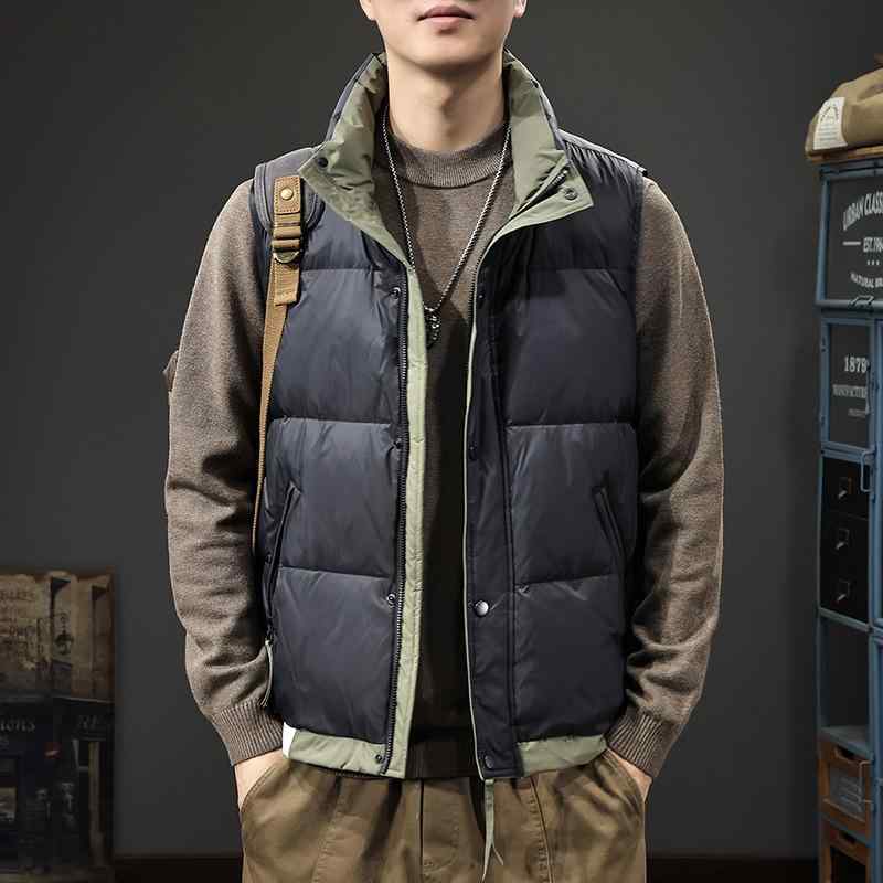 トップス メンズ 秋冬 スタンドカラー 切り替え 配色 ダウンベスト 白ダックダウン ポリエステル 保温 防寒 ふわふわ ボリューム アメカジ カジュアル 厚手 ブラック