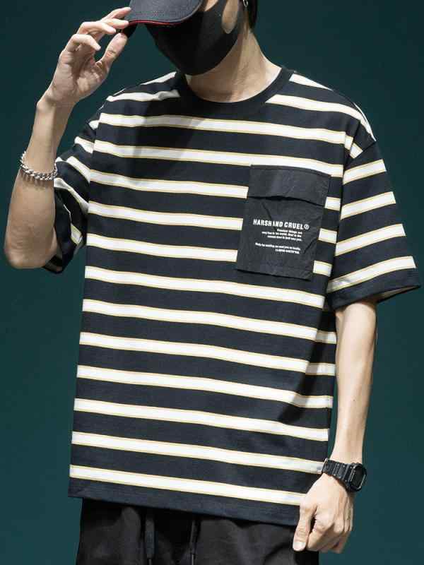 Tシャツ メンズ ストライプ柄 半袖 アメカジ ワークテイスト クルーネック ゆったり ドロップショルダー ポケット付き 配色 切り替え カジュアル トップス 綿 コットン 夏 抗菌 ペアルック 白 黒 グレー