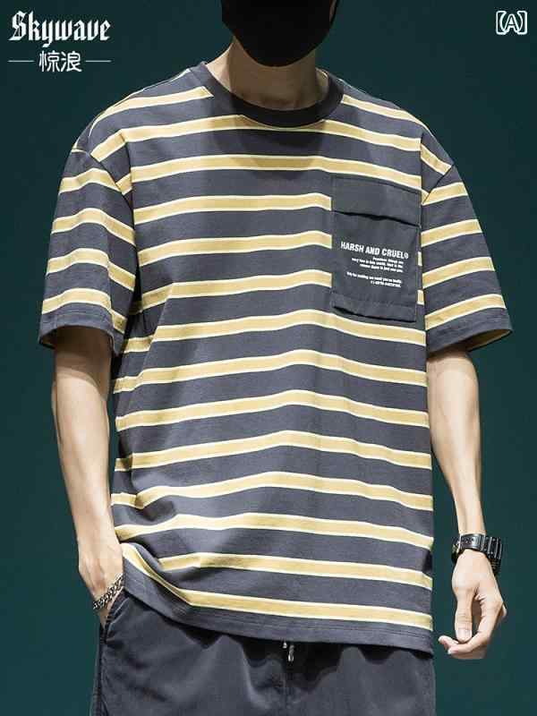 Tシャツ メンズ ストライプ柄 半袖 アメカジ ワークテイスト クルーネック ゆったり ドロップショルダー ポケット付き 配色 切り替え カジュアル トップス 綿 コットン 夏 抗菌 ペアルック 白 黒 グレー