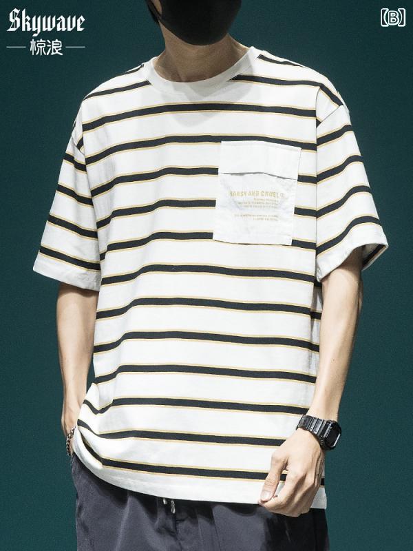 Tシャツ メンズ ストライプ柄 半袖 アメカジ ワークテイスト クルーネック ゆったり ドロップショルダー ポケット付き 配色 切り替え カジュアル トップス 綿 コットン 夏 抗菌 ペアルック 白 黒 グレー