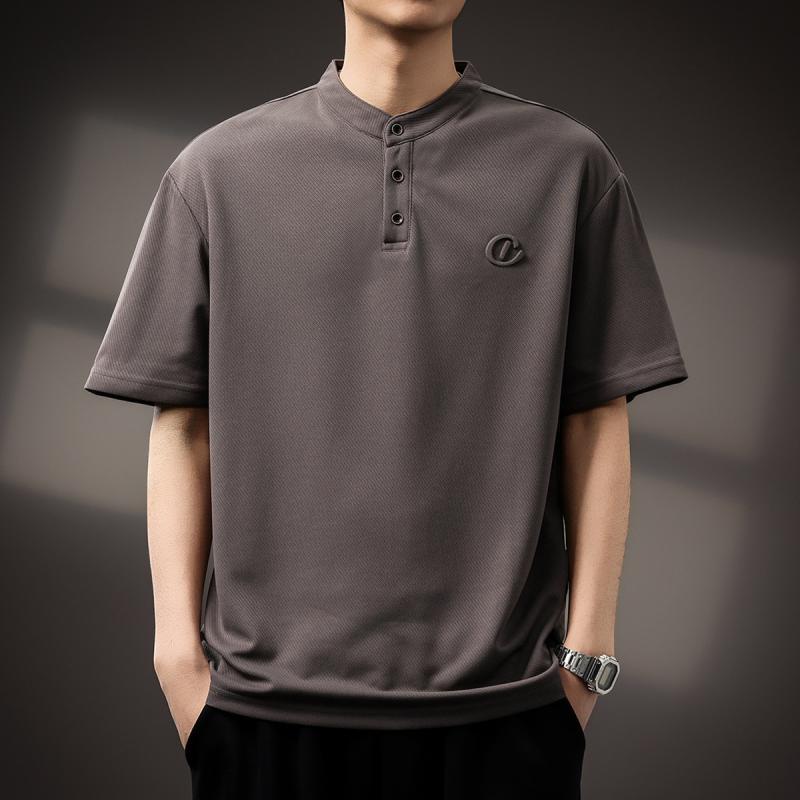 ポロシャツ メンズ アメリカンヴィンテージ アメカジ風 高級感 立体エンボス加工 半袖 ヘンリーネック ゆったり ルーズフィット 無骨な質感 通気性 トップス 春夏