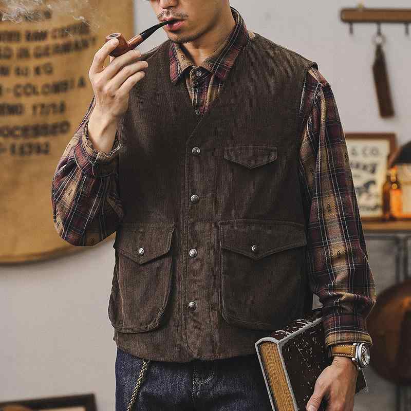 ベスト メンズ 男性用 アメカジ アメリカンレトロ コーデュロイ ワーク ノースリーブ ジレ Vネック 薄手 コットン 前開き ポケット 機能性 ゆったり ブラウン系 アースカラー カジュアル 重ね着