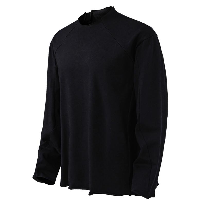 Tシャツ ユニセックス 日系 ストリート 切りっぱなし ハイネック タートルネック コットン ゆったり 長袖 厚手 チャコールグレー ブラック トップス カットソー