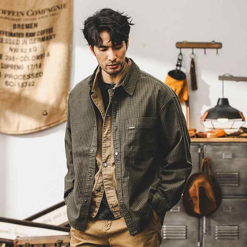 シャツ メンズ 男性用 アメカジ レトロ ヘビーウェイト 厚手 長袖 ワッフル生地 ゆったり ルーズフィット ビッグシルエット 綿 コットン イージーケア アウター トップス 春秋 カジュアル 普段使い