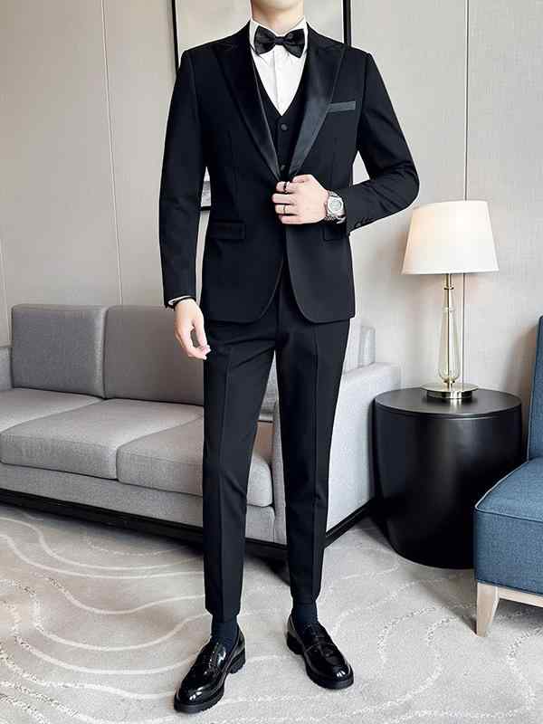 スリーピーススーツ メンズ 男性用 結婚式 披露宴 新郎 伴郎 司会者 パーティー ビジネス 冠婚葬祭 フォーマル タキシード セットアップ スリムフィット 細身 再生繊維 秋冬