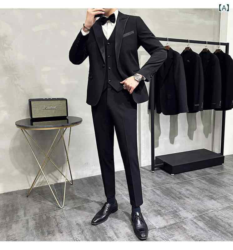 スリーピーススーツ メンズ 男性用 結婚式 披露宴 新郎 伴郎 司会者 パーティー ビジネス 冠婚葬祭 フォーマル タキシード セットアップ スリムフィット 細身 再生繊維 秋冬