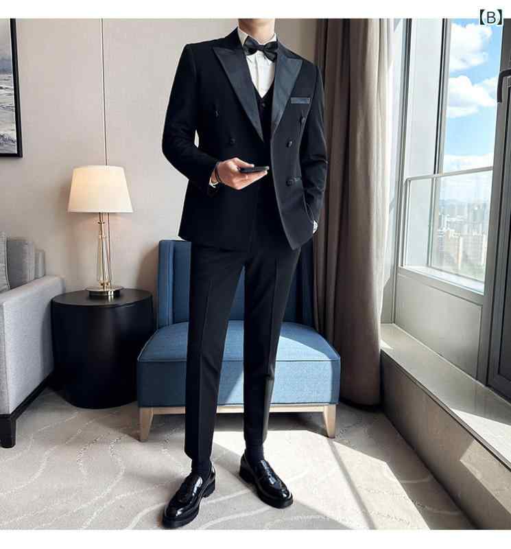 スリーピーススーツ メンズ 男性用 結婚式 披露宴 新郎 伴郎 司会者 パーティー ビジネス 冠婚葬祭 フォーマル タキシード セットアップ スリムフィット 細身 再生繊維 秋冬