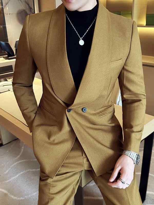 スーツ メンズ 男性用 ダブルブレスト ショールカラー セットアップ スリムフィット スタイリッシュ ビジネス フォーマル 礼服 カジュアル オフィス 通勤 結婚式 パーティー 披露宴 2ピース ジャケット パンツ アセテート混紡 秋冬