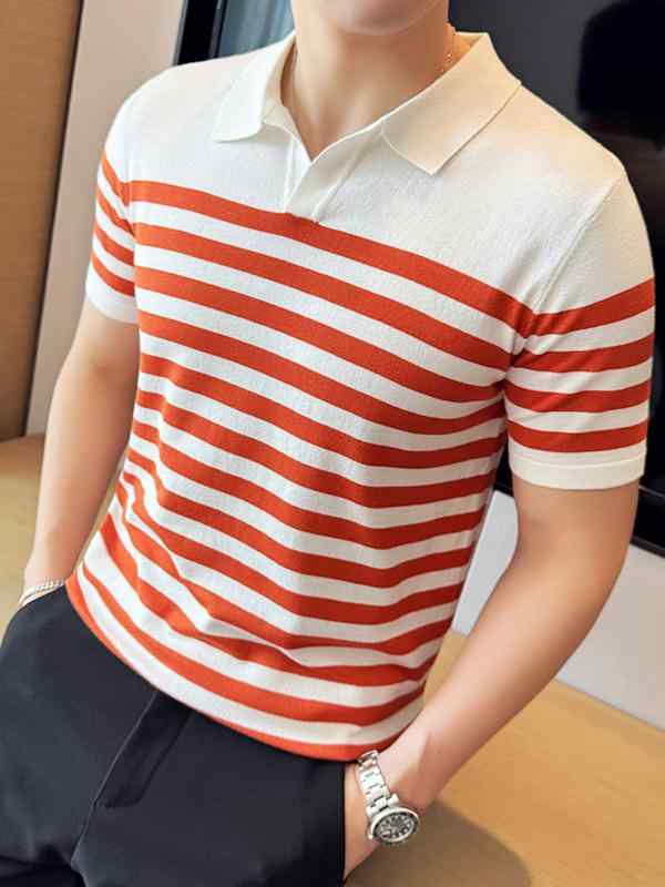 ポロシャツ メンズ 男性用 半袖 ストライプ柄 バイカラー切り替え スリムフィット ストレッチ 伸縮性 通気性 吸湿速乾 接触冷感 ポリエステル混紡 カジュアル 普段使い スポーツ ゴルフ 春夏