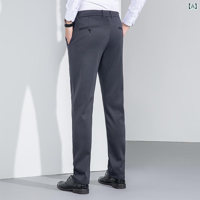 カジュアルパンツ メンズ 秋冬 ビジネス スラックス 大人 無地 シンプル ミドルウエスト ストレート 高伸縮 ストレッチ 防シワ イージーケア ノンアイロン ポリエステル 厚手 通気性 吸湿速乾 グレー ブラック ネイビー