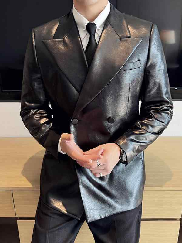 テーラードジャケット メンズ 男性用 フェイクレザー 光沢 シャイニー エナメル調 スリムフィット テーラードカラー ホスト用 ステージ衣装 フォーマル パーティー カジュアル 高級感 ノーアイロン ポリエステル アウター 秋冬 ブラック グレー