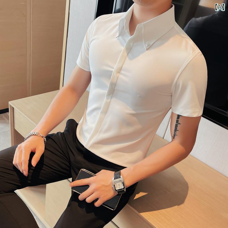 シャツ メンズ 半袖 カジュアル ビッグポインテッドカラー スリムフィット 比翼仕立て こなれ感 モード系 サロン系 グリーン 緑 ポリエステル混紡 春夏 普段使い デート ストリート