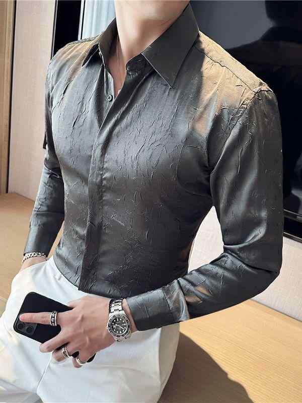 シャツ メンズ トップス Vネック 長袖 接触冷感 吸湿速乾 プリーツ加工 ポリエステル 高級感 デザイン性 おしゃれ かっこいい ライトカジュアル 普段使い スリムフィット 春夏 カーキ ダークグレー