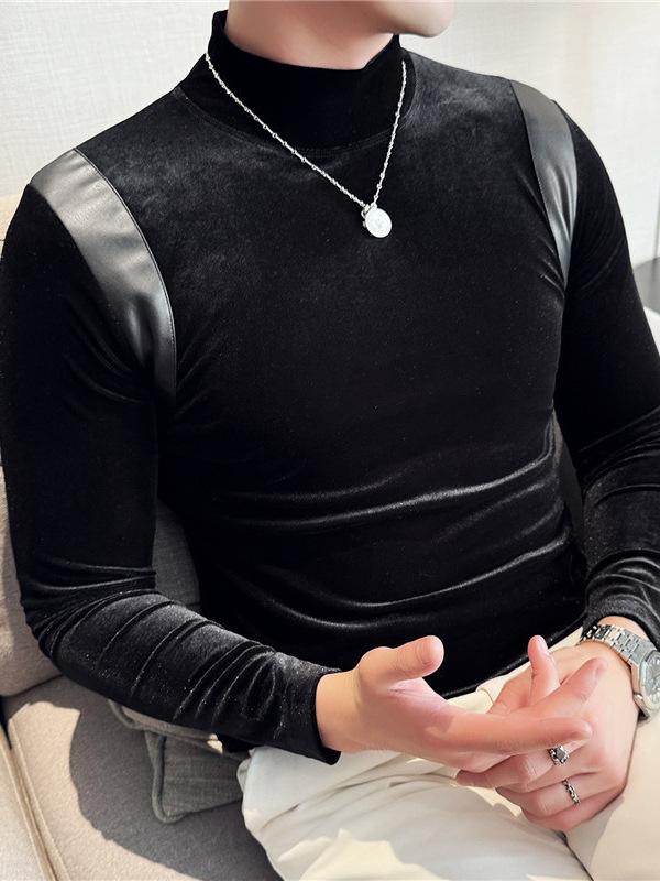 Tシャツ メンズ 秋冬 質感 切り替え モックネック 伸縮性 長袖 スリムフィット ベロア インナー カットソー トップス ポリエステル素材 きれいめ カジュアル ブラック グレー ブラウン