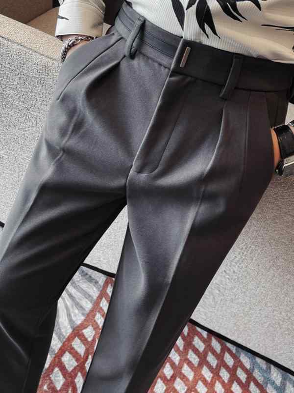 スラックス メンズ 秋冬 無地 スリム ストレート ポリエステル ウールライク 厚手 ストレッチ 高級感 ビジネス カジュアル 通勤 ブラック グレー ブラウン