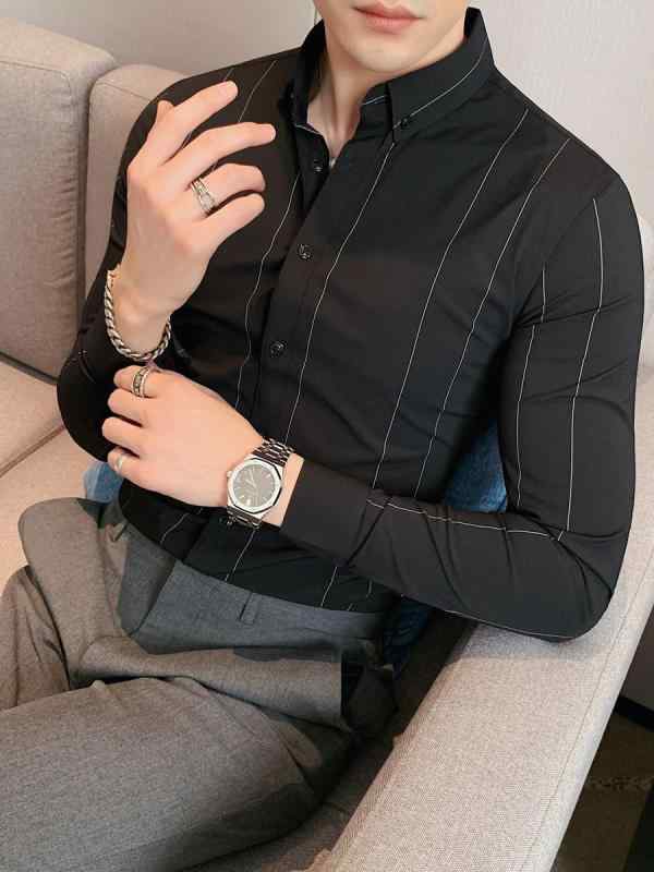 シャツ メンズ 長袖 ストライプ スリムフィット きれいめ 大人カジュアル 上質 伸縮性 ストレッチ ポリエステル 着回し ホワイト ブラック 秋冬