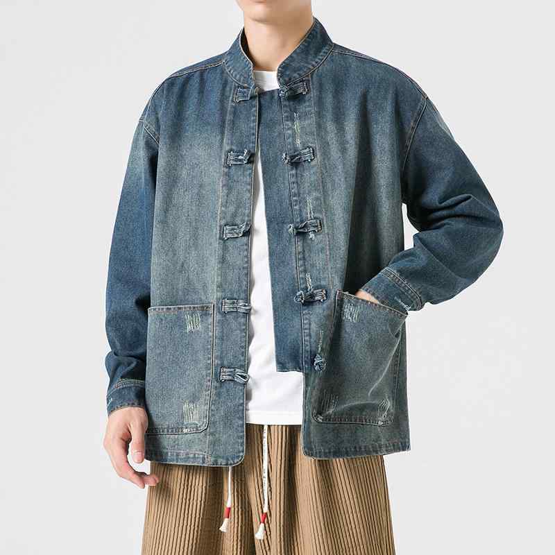 デニムジャケット メンズ 秋冬 大きいサイズ ビッグシルエット ゆったり チャイナ風 レトロ ヴィンテージ風 スタンドカラー 布ボタン 綿混 ポリエステル混紡 Gジャン 普段使い