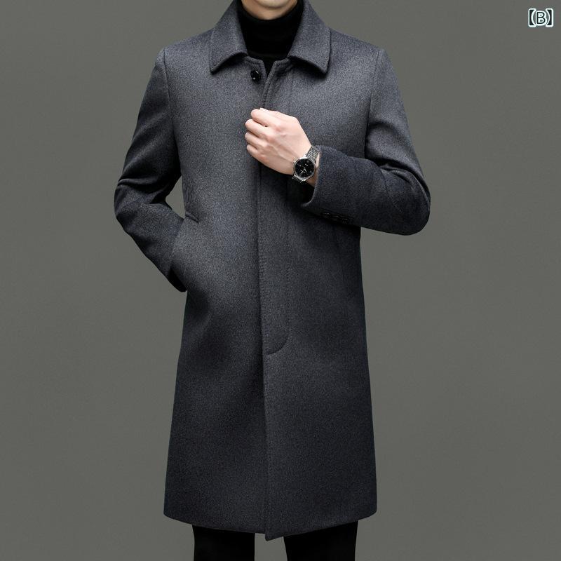 コート メンズ ミドル丈 ウール メルトン トレンチコート アウター ビジネスカジュアル ビジカジ 細身 スリムフィット 秋冬 黒 グレー 通勤 オフィス