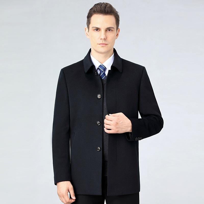 コート メンズ ミドルシニア 男性用 カシミヤ ウール混 メルトン テーラードカラー ショート丈 シングルブレスト 厚手 保温 暖かい カジュアル ビジネス 通勤 デイリーユース 冬 ネイビー 紺色