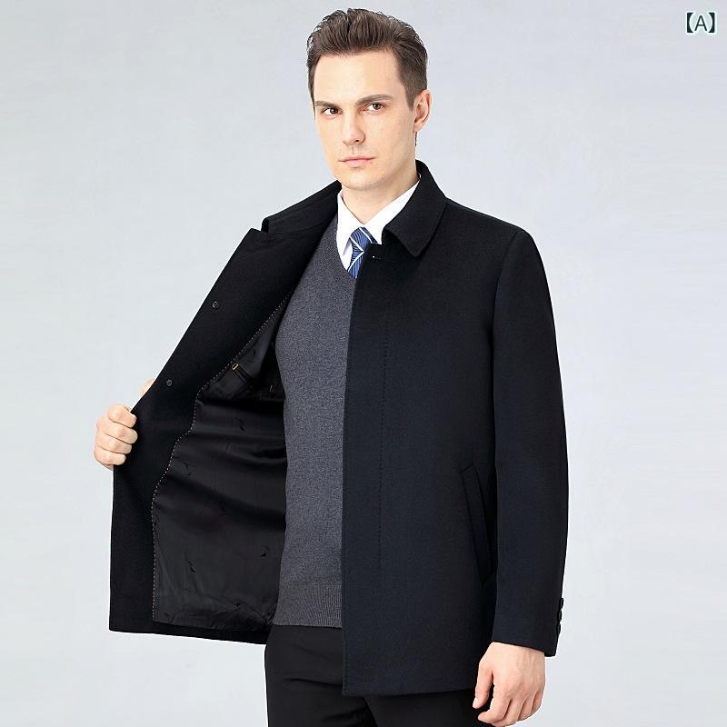 コート メンズ ミドルシニア 男性用 カシミヤ ウール混 メルトン テーラードカラー ショート丈 シングルブレスト 厚手 保温 暖かい カジュアル ビジネス 通勤 デイリーユース 冬 ネイビー 紺色