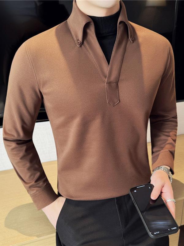 シャツ メンズ Vネック フェイクレイヤード ニット セーター 厚手 肉厚 高級感 カジュアル スリムフィット 秋冬 韓国ファッション ポリエステル 混紡 ブラック ダークグレー コーヒー色