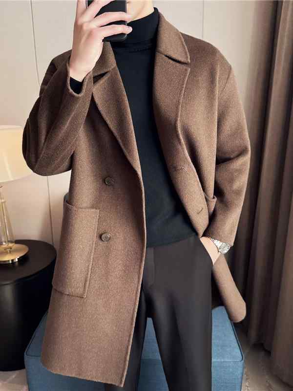 コート メンズ 男性用 羊毛 ウール カシミヤ ダブルフェイス メルトン ミドル丈 ダブルボタン テーラードカラー スリムフィット 高級感 ビジネス 通勤 秋冬