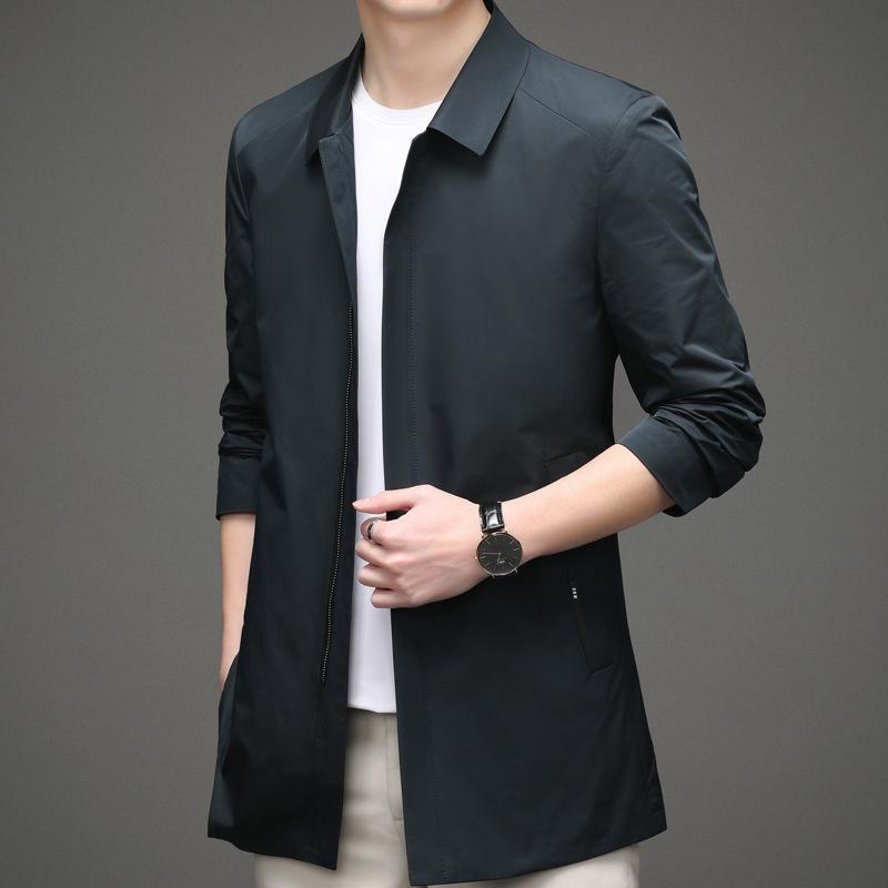 トレンチコート メンズ 春秋 ミドル丈 ビジネス カジュアル スプリングコート 襟付き 薄手 撥水 アウター 通勤 普段使い ポリエステル スリムフィット ジップデザイン