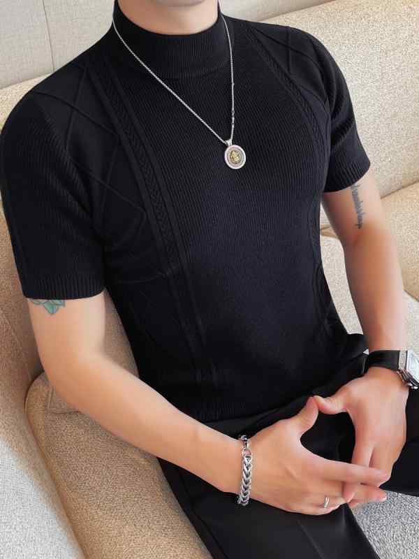 メンズ サマーニット クルーネック 半袖 プルオーバー レーヨン混紡 ストライプ柄 スリムフィット ストレッチ 薄手 大人カジュアル 普段使い ブラック ホワイト ブルー ブラウン