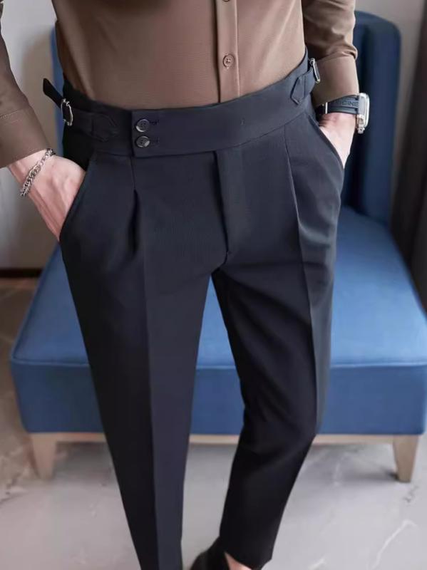 スラックス メンズ イタリアンスタイル ミッドハイウエスト ストレート カジュアル 織柄 裾ロールアッ..