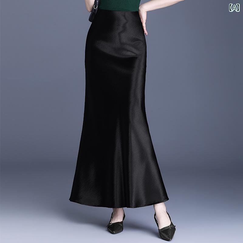 ロングスカート レディース マーメイド タイト エレガント 上品 通勤 オフィス きれいめ ドレープ感 スタイルアップ 細見え ポリエステル 春夏 切り替え ブラック シャンパン レッド