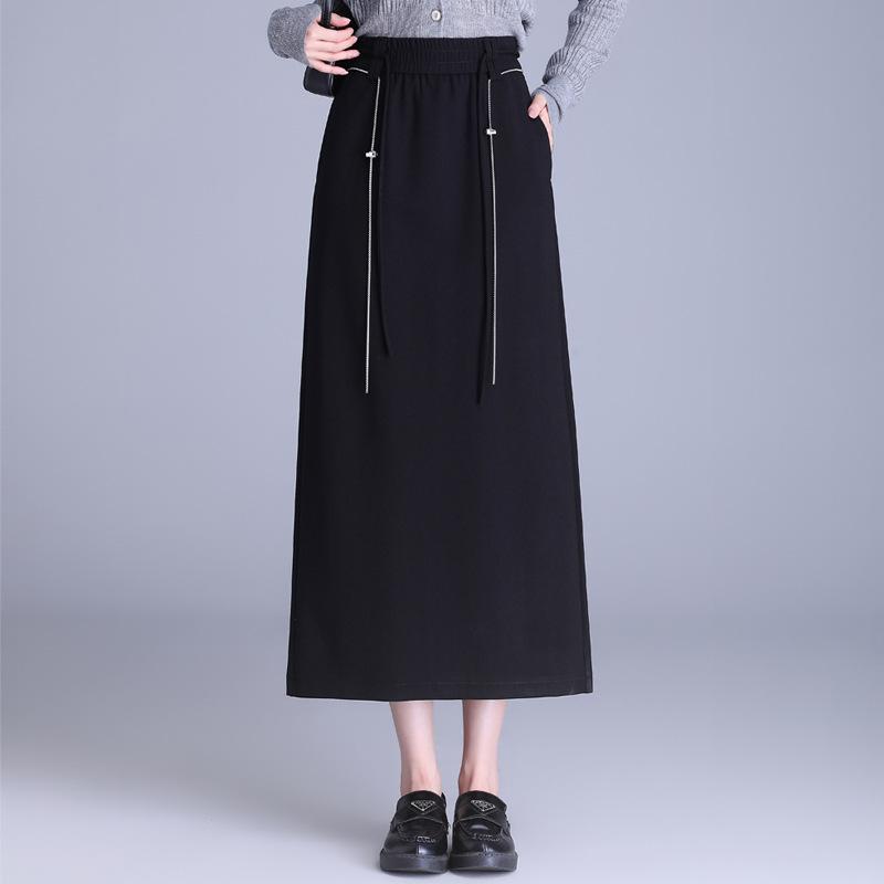 半身スカート ブラック ロング丈 ストレートシルエット スリムフィット シンプル カジュアル 通勤 ウエストゴム 微ストレッチ ポリエステル 無地 上品 春夏