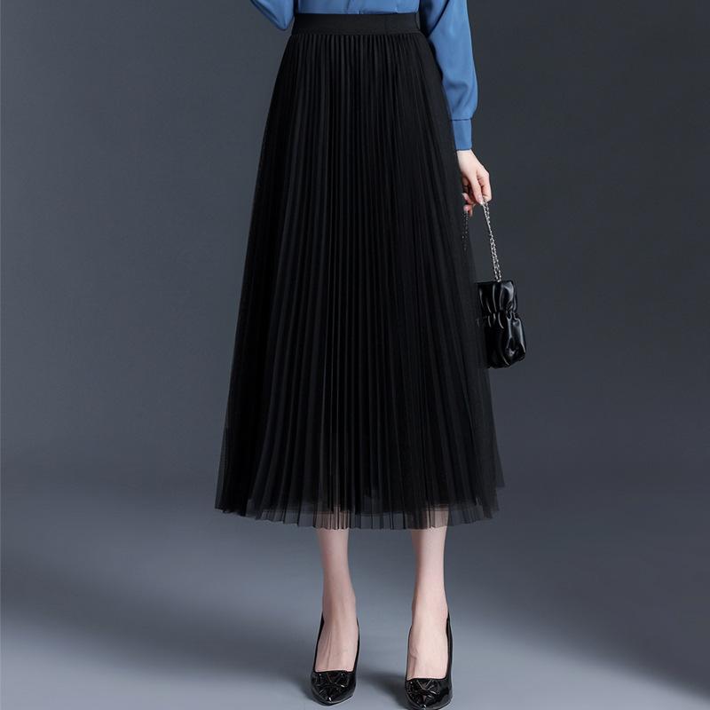 スカート レディース ロング丈 ミモレ丈 プリーツ 切り替え ウエストゴム ストレッチ 伸縮性 きれいめ 上品 エレガント シンプル カジュアル スタイルアップ 着痩せ ポリエステル 春夏