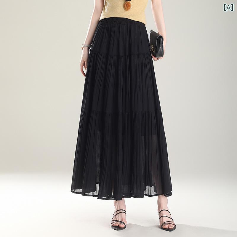 スカート ロング丈 プリーツスカート Aライン フレア ウエストゴム 体型カバー 華奢見え ドレープ カジュアル オフィス ポリエステル スパンデックス