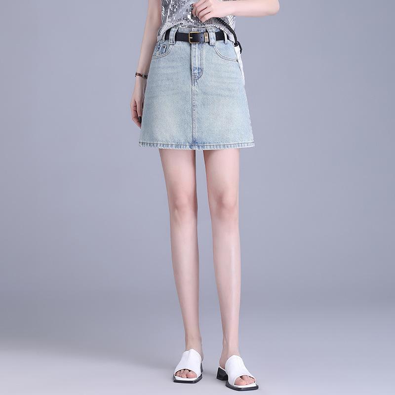 スカート デニム ショート丈 シンプル 無地 ライトブルー ハイウエスト 美シルエット Aライン ポリエステル きれいめ 通勤 カジュアル エレガント 春夏