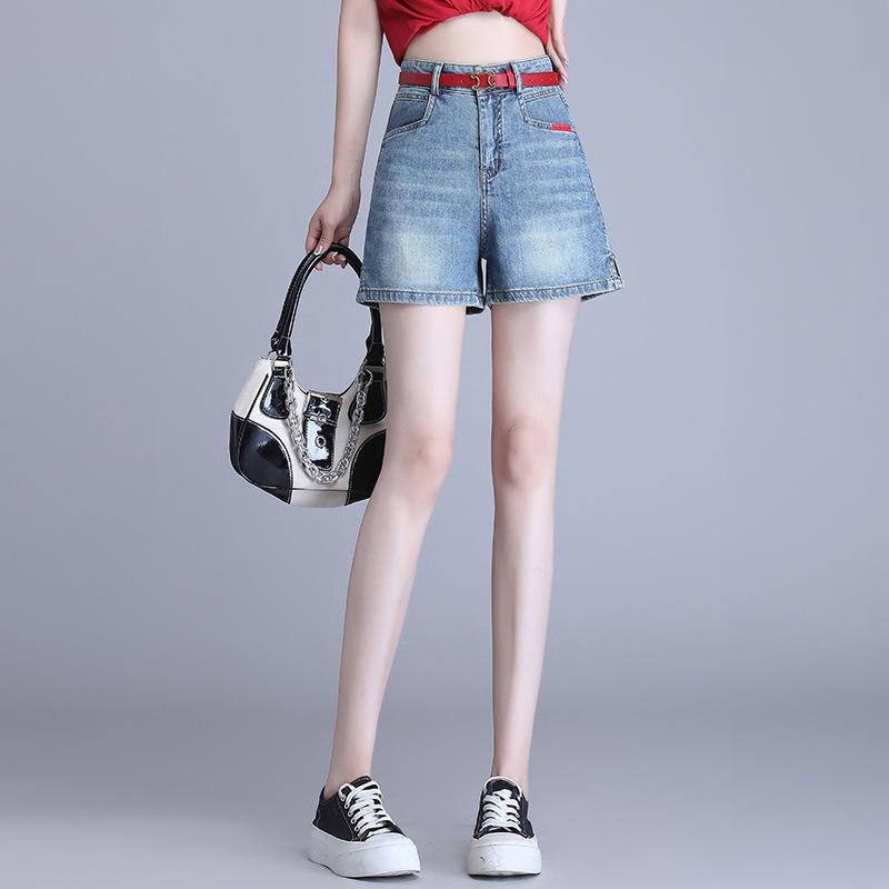 ワイド デニム ショートパンツ レディース ライトブルー ハイウエスト 着痩せ カジュアル 快適 リラックス きれいめ 薄手 エレガント 夏 ポリエステル スパンデックス