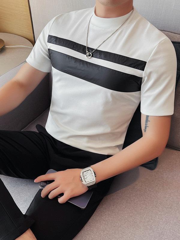 Tシャツ メンズ トップス モックネック 半袖 スリムフィット コットン 綿混 ストレッチ 切り替えデザイ..